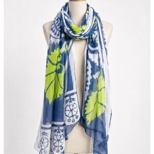 Lightweight Botanical Print Scarf | Navy Blue & Lime Green Floral Shawl Wrap GUC